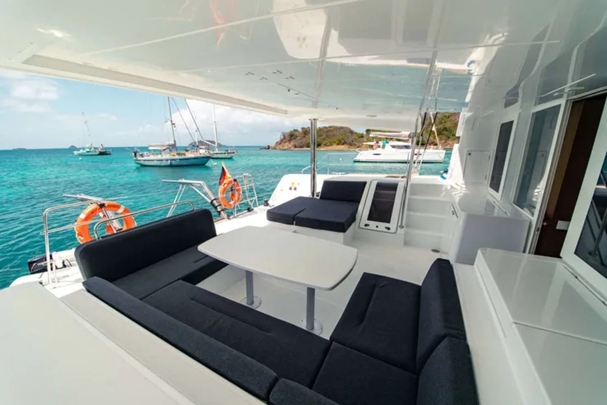 Cockpit of Akana, a Lagoon 52 F catamaran at Grad Trogir, Croatia