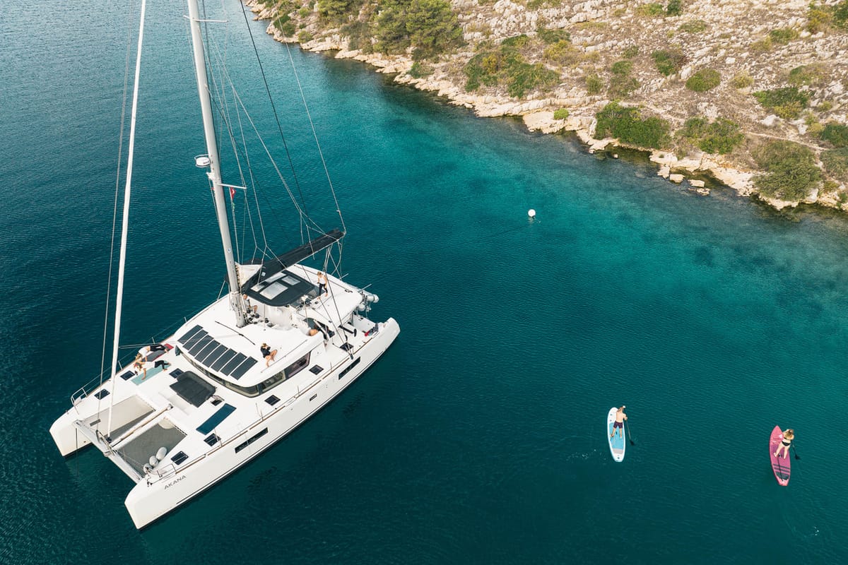 Exterior view of Akana, a Lagoon 52 F catamaran at Grad Trogir, Croatia