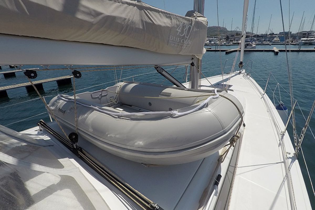 Deck of SWEETEST TAB00, a Dufour 430 sailboat at Grad Šibenik, Croatia