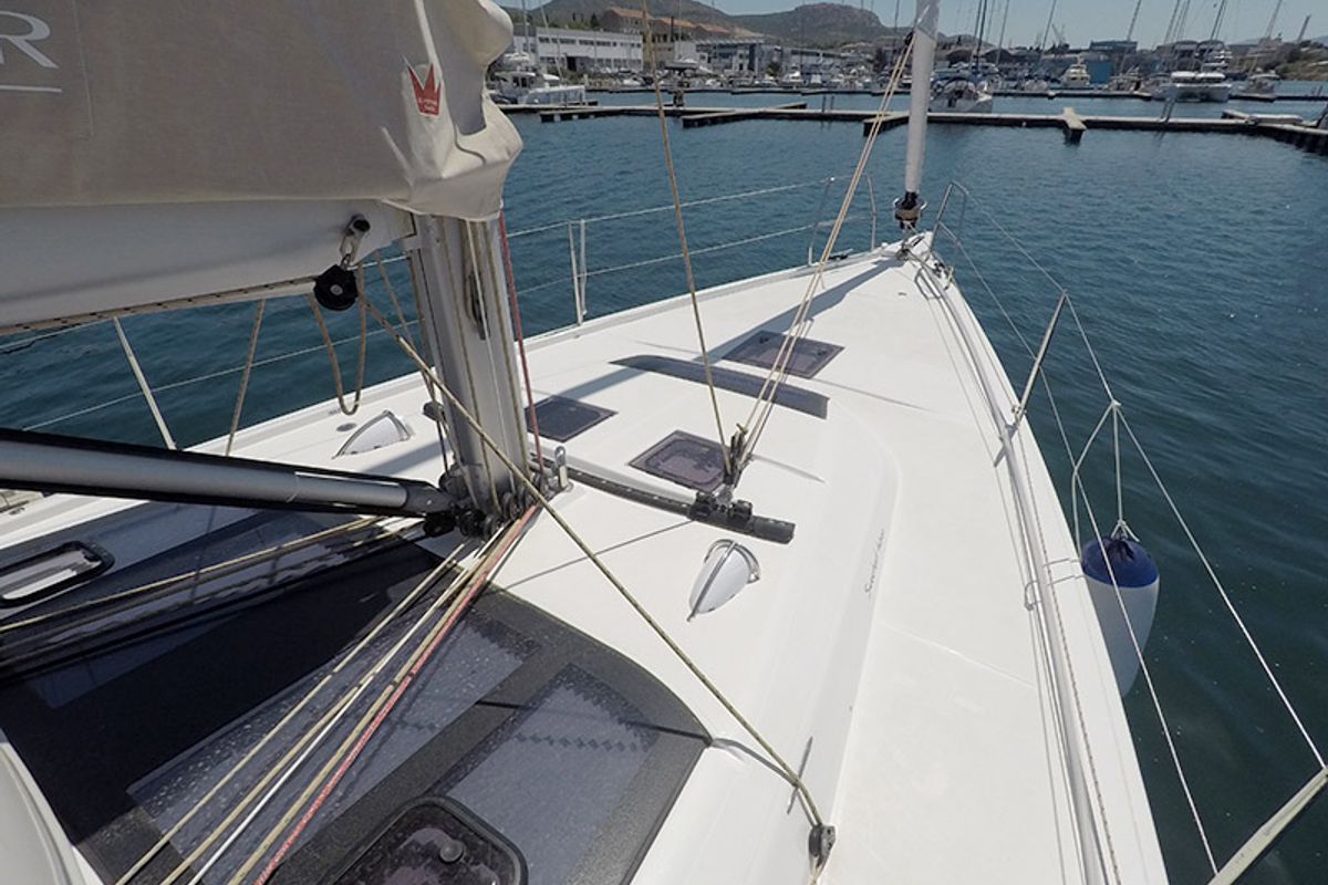 Deck of SWEETEST TAB00, a Dufour 430 sailboat at Grad Šibenik, Croatia