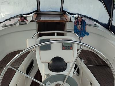 Cockpit of Tritonas, a Bavaria 38 Cruiser sailboat at Municipal Unit of Ellomenos, Greece