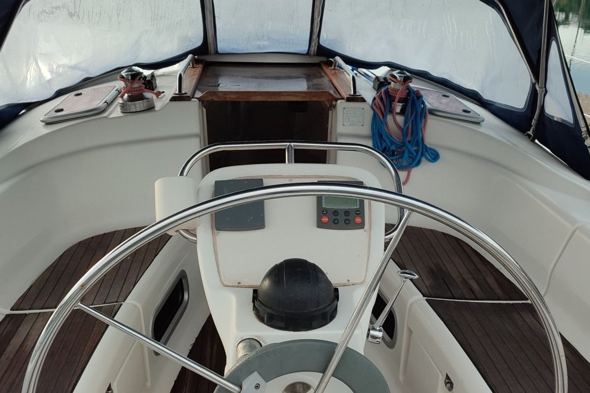 Cockpit of Tritonas, a Bavaria 38 Cruiser sailboat at Municipal Unit of Ellomenos, Greece