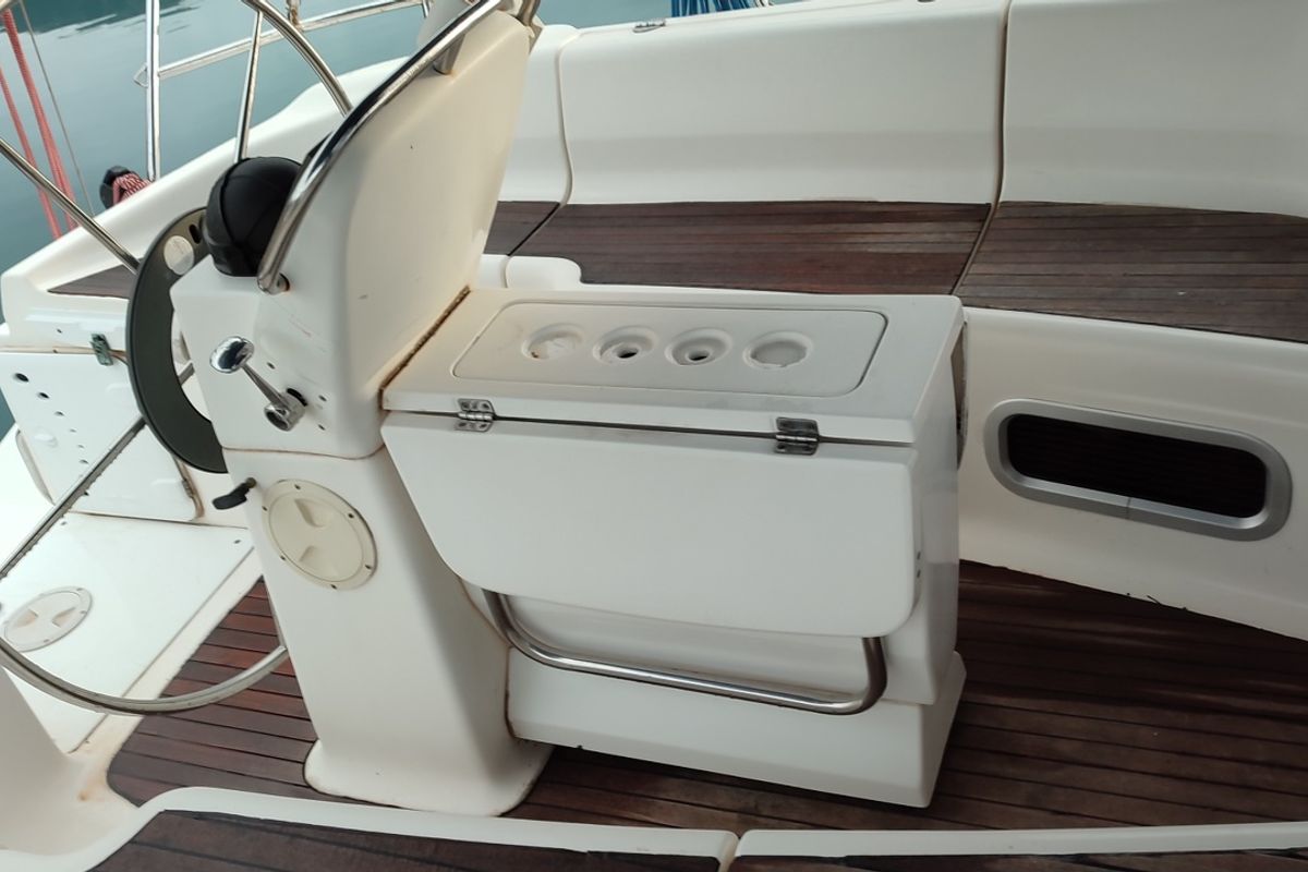 Cockpit of Tritonas, a Bavaria 38 Cruiser sailboat at Municipal Unit of Ellomenos, Greece