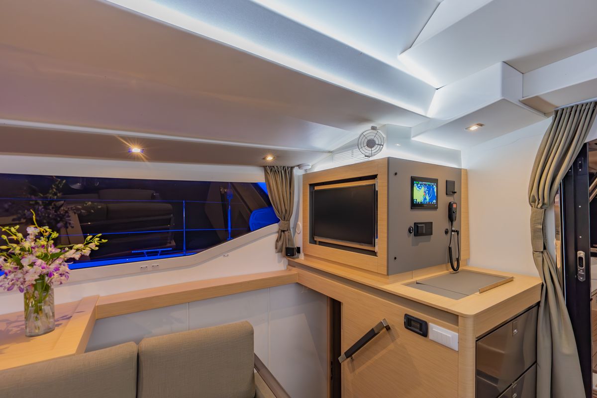 Salon of Chammak Challo, a Fountaine Pajot Elba 45 catamaran at Mai Khao, Thailand