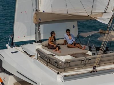 Deck of Chammak Challo, a Fountaine Pajot Elba 45 catamaran at Mai Khao, Thailand