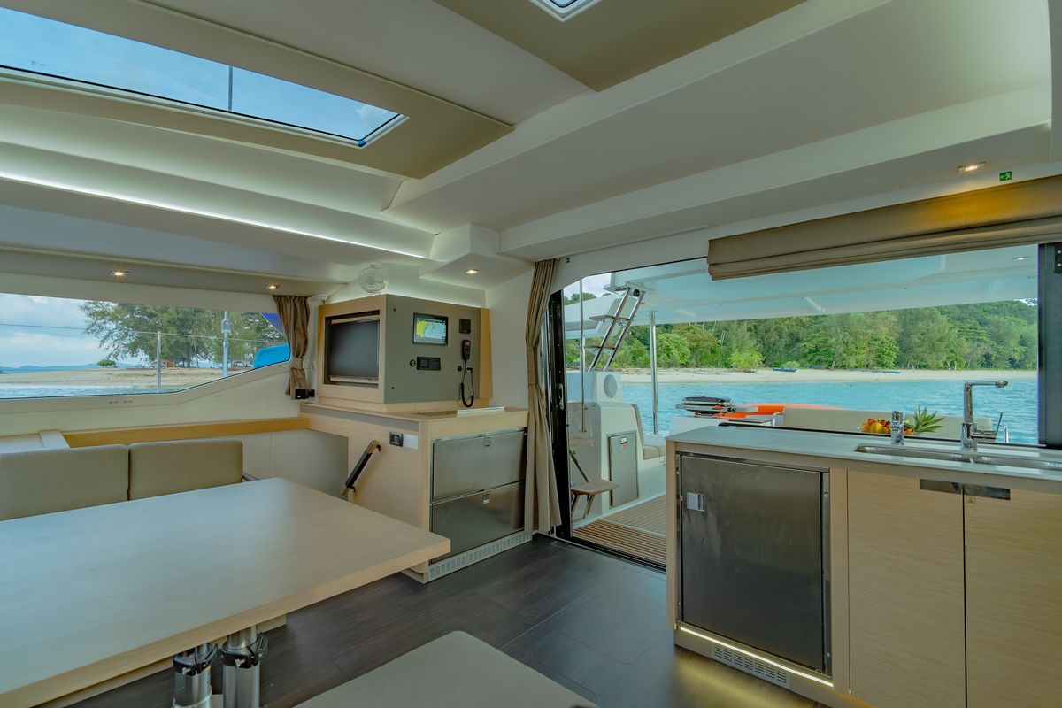 Salon of Chammak Challo, a Fountaine Pajot Elba 45 catamaran at Mai Khao, Thailand