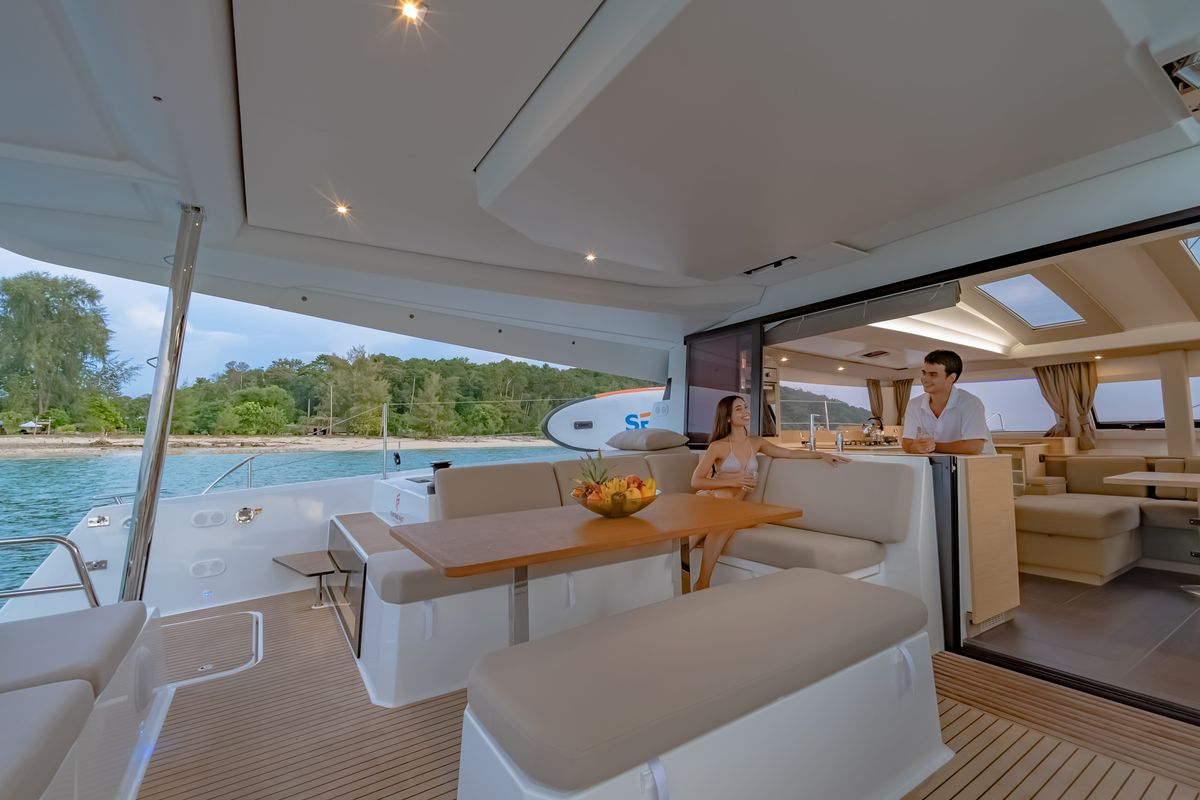 Deck of Chammak Challo, a Fountaine Pajot Elba 45 catamaran at Mai Khao, Thailand