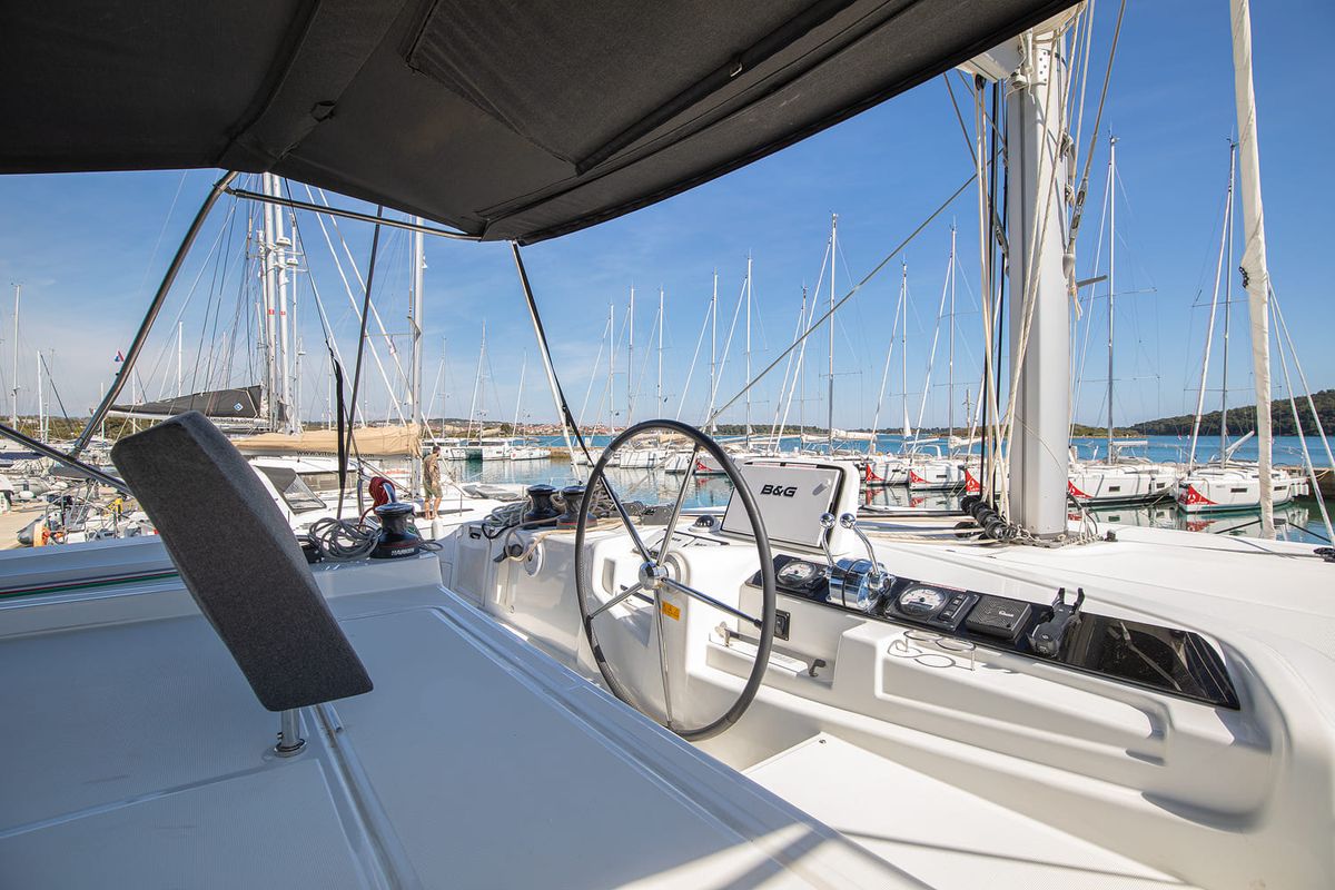 Cockpit of Long Island, a Lagoon 46 catamaran at Općina Medulin, Croatia
