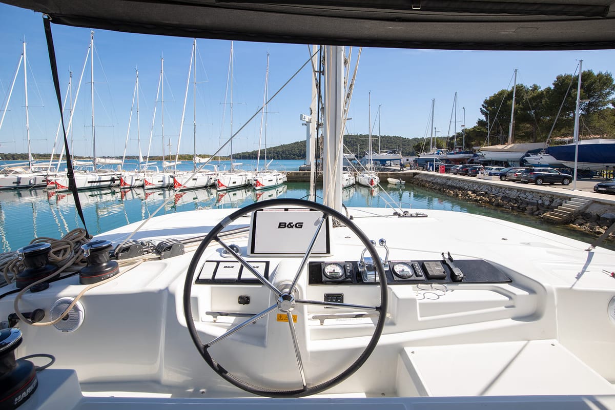 Cockpit of Long Island, a Lagoon 46 catamaran at Općina Medulin, Croatia