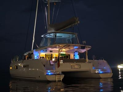 Exterior view of Astraea, a Lagoon 46 catamaran at Athens, Greece