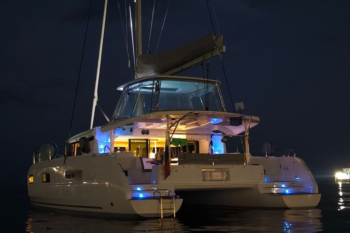 Exterior view of Astraea, a Lagoon 46 catamaran at Athens, Greece