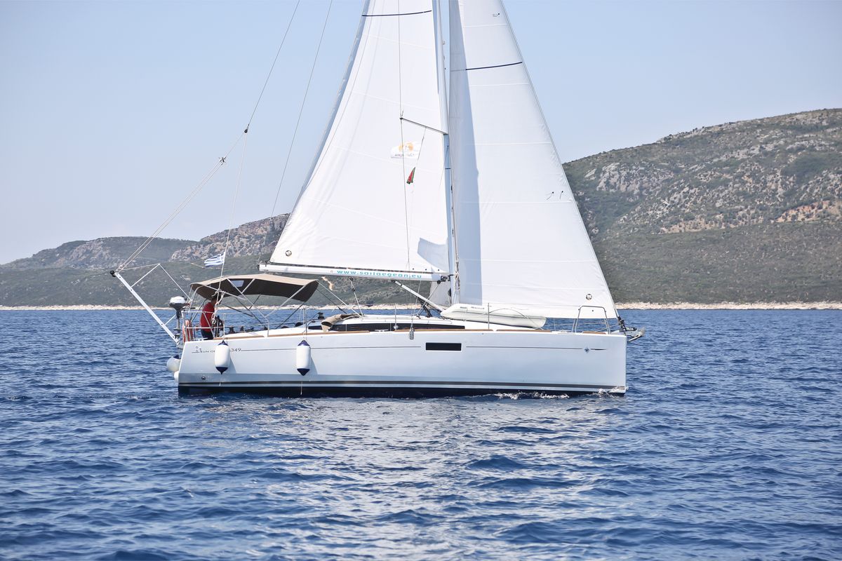 Exterior view of Actaea, a Jeanneau Sun Odyssey 349 sailboat at Volos Municipality, Greece