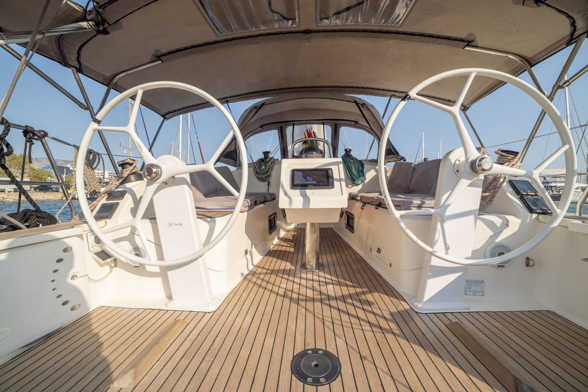 Cockpit of Marlo, a Bavaria Cruiser 37 sailboat at Athens, Greece