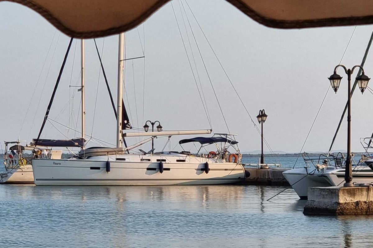 Exterior view of Fleurie, a Bavaria 45 Cruiser sailboat at Gouvia, Greece