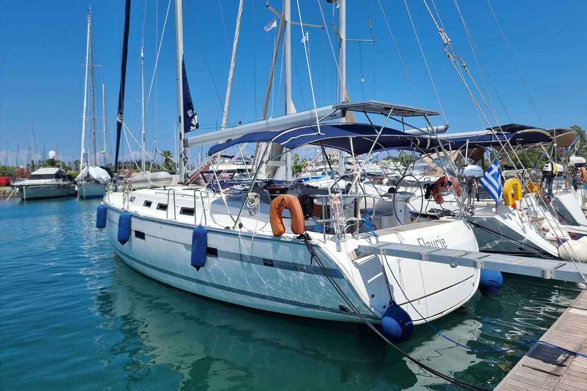 Exterior view of Fleurie, a Bavaria 45 Cruiser sailboat at Gouvia, Greece