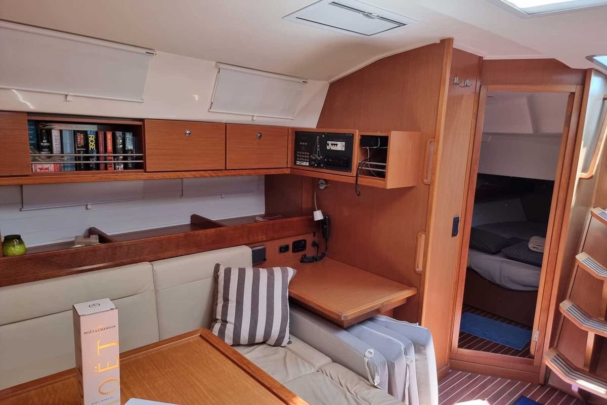 Salon of Fleurie, a Bavaria 45 Cruiser sailboat at Gouvia, Greece