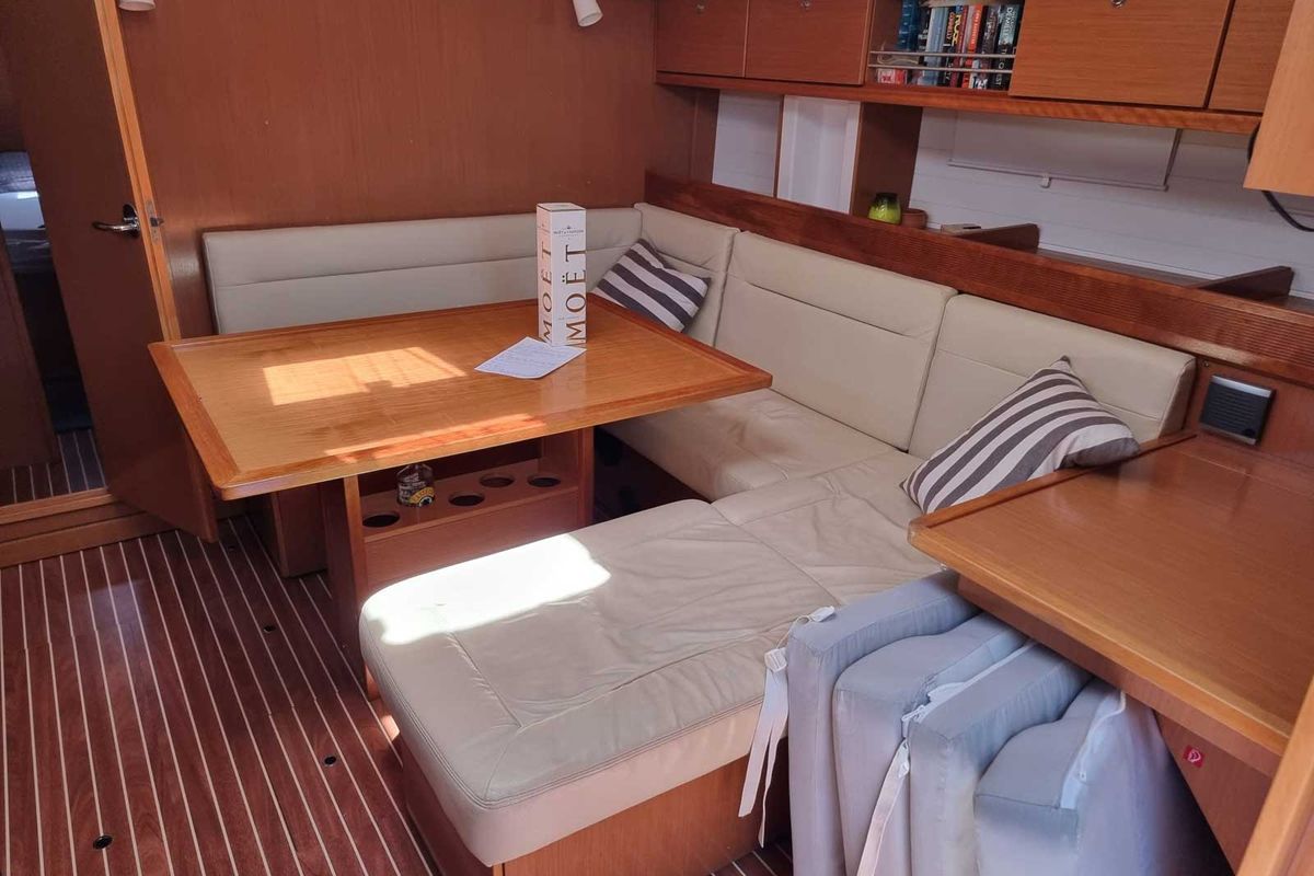 Salon of Fleurie, a Bavaria 45 Cruiser sailboat at Gouvia, Greece