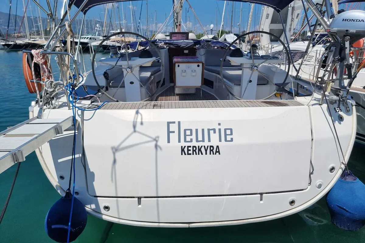 Exterior view of Fleurie, a Bavaria 45 Cruiser sailboat at Gouvia, Greece