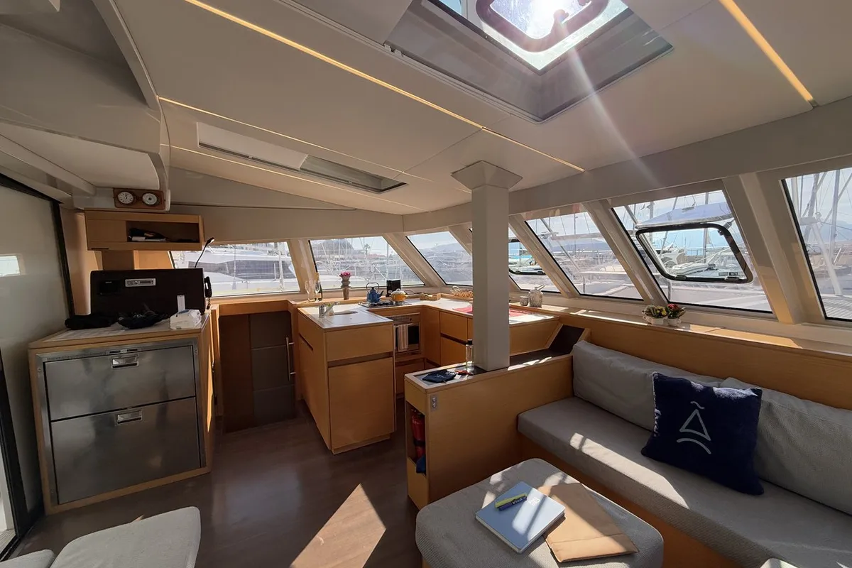 Salon of Daria 2, a Nautitech Rochefort Nautitech 46 Fly catamaran at Marmaris, Turkey