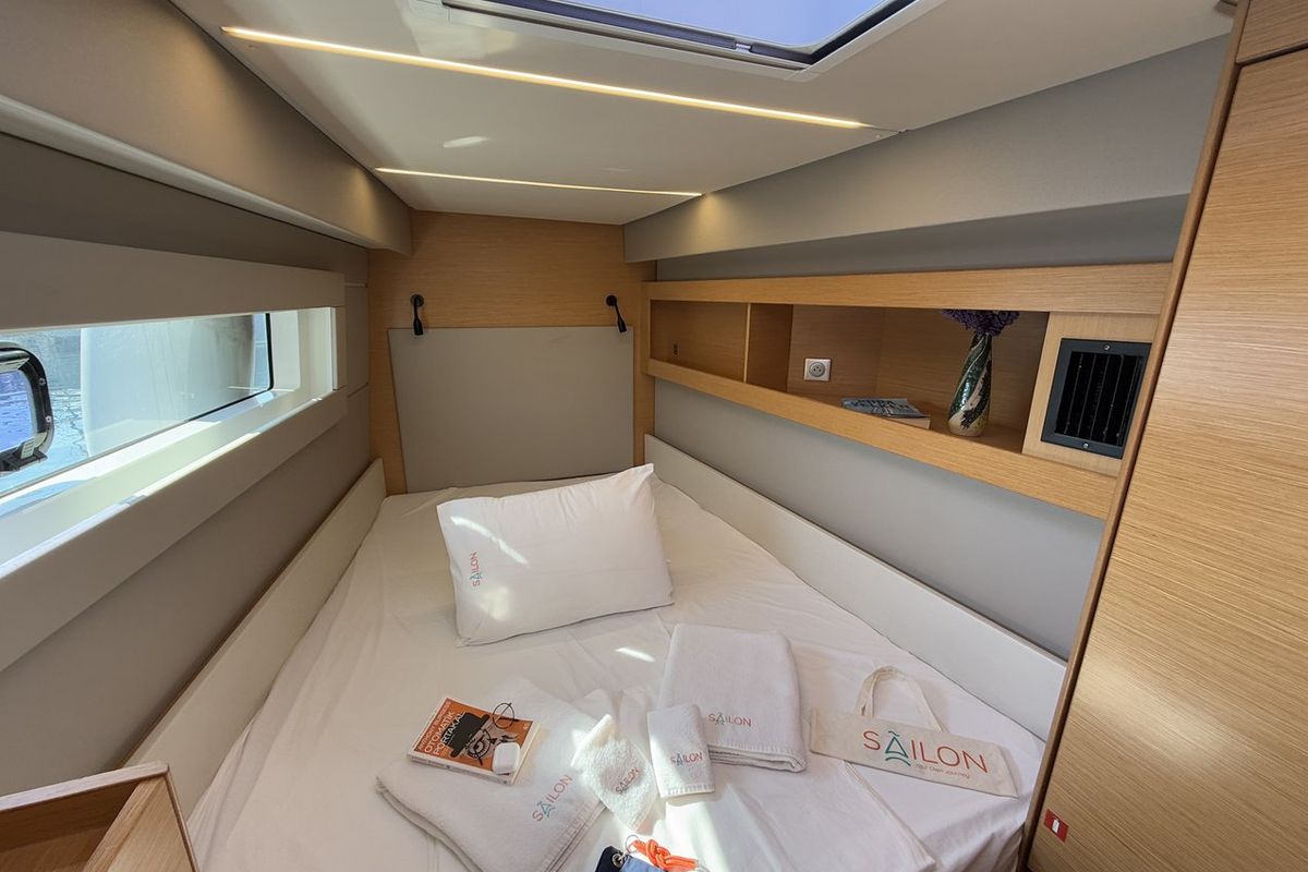 Cabin on Daria 2, a Nautitech Rochefort Nautitech 46 Fly catamaran at Marmaris, Turkey