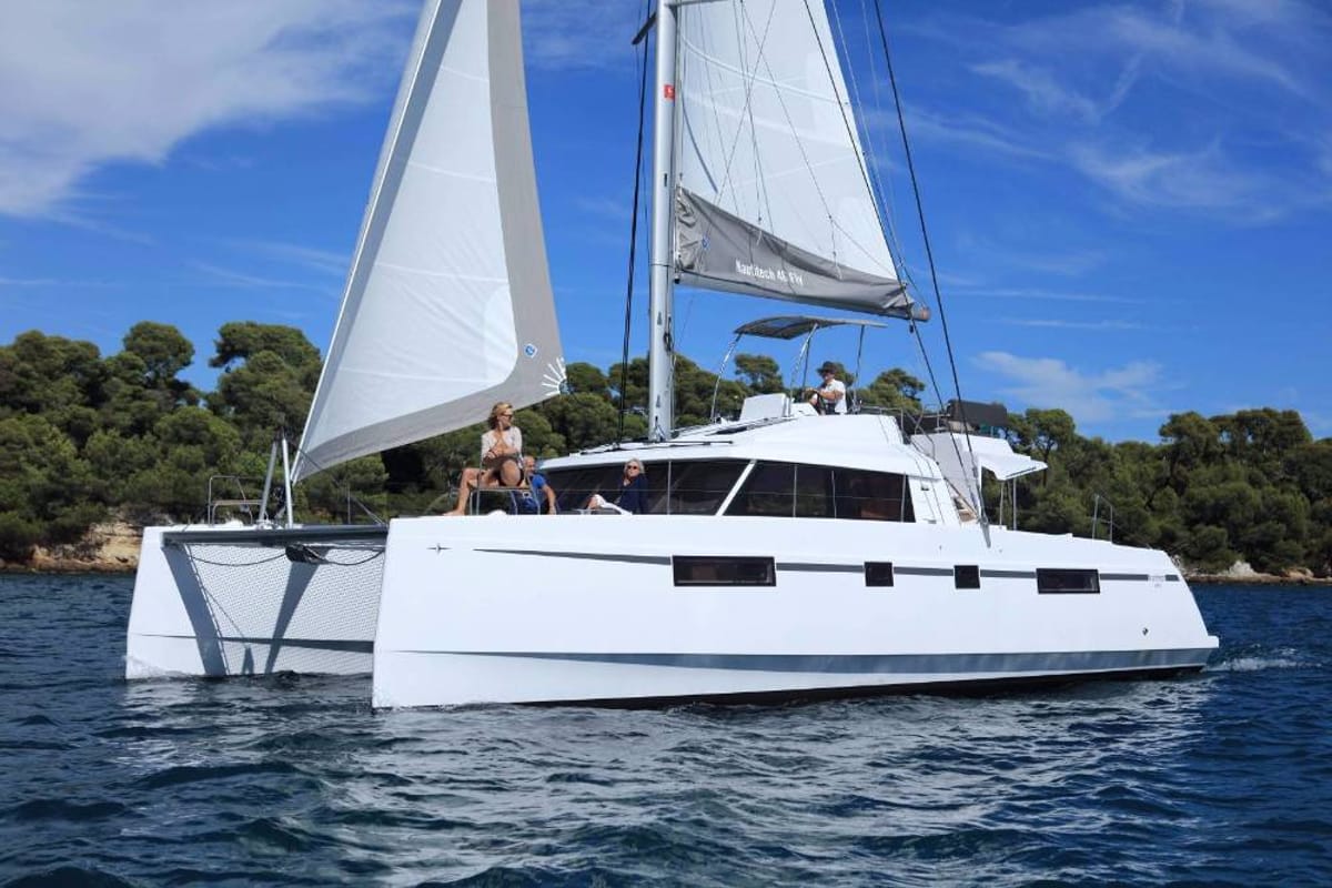 Exterior view of Daria 2, a Nautitech Rochefort Nautitech 46 Fly catamaran at Marmaris, Turkey