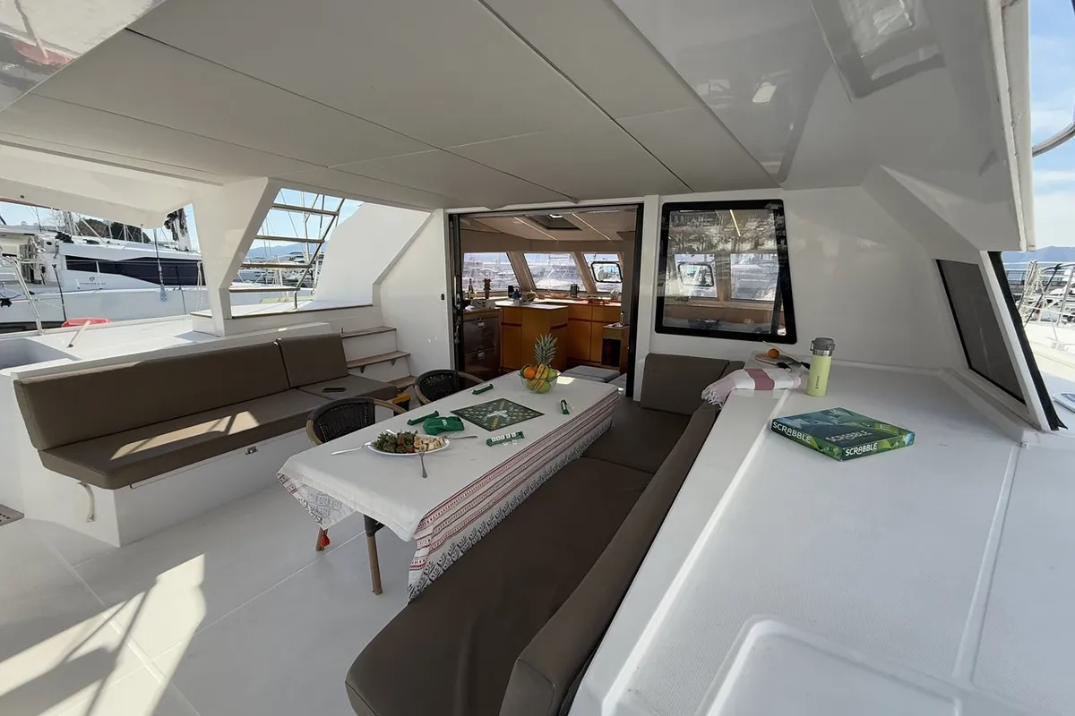 Deck of Daria 2, a Nautitech Rochefort Nautitech 46 Fly catamaran at Marmaris, Turkey