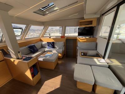 Salon of Daria 2, a Nautitech Rochefort Nautitech 46 Fly catamaran at Marmaris, Turkey
