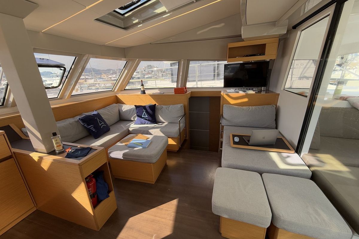 Salon of Daria 2, a Nautitech Rochefort Nautitech 46 Fly catamaran at Marmaris, Turkey