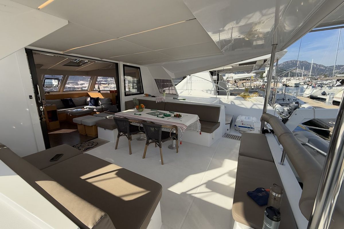 Deck of Daria 2, a Nautitech Rochefort Nautitech 46 Fly catamaran at Marmaris, Turkey