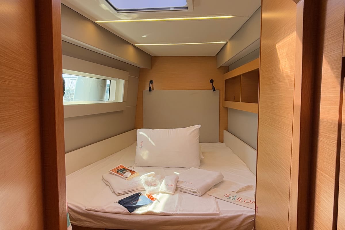 Cabin on Daria 2, a Nautitech Rochefort Nautitech 46 Fly catamaran at Marmaris, Turkey