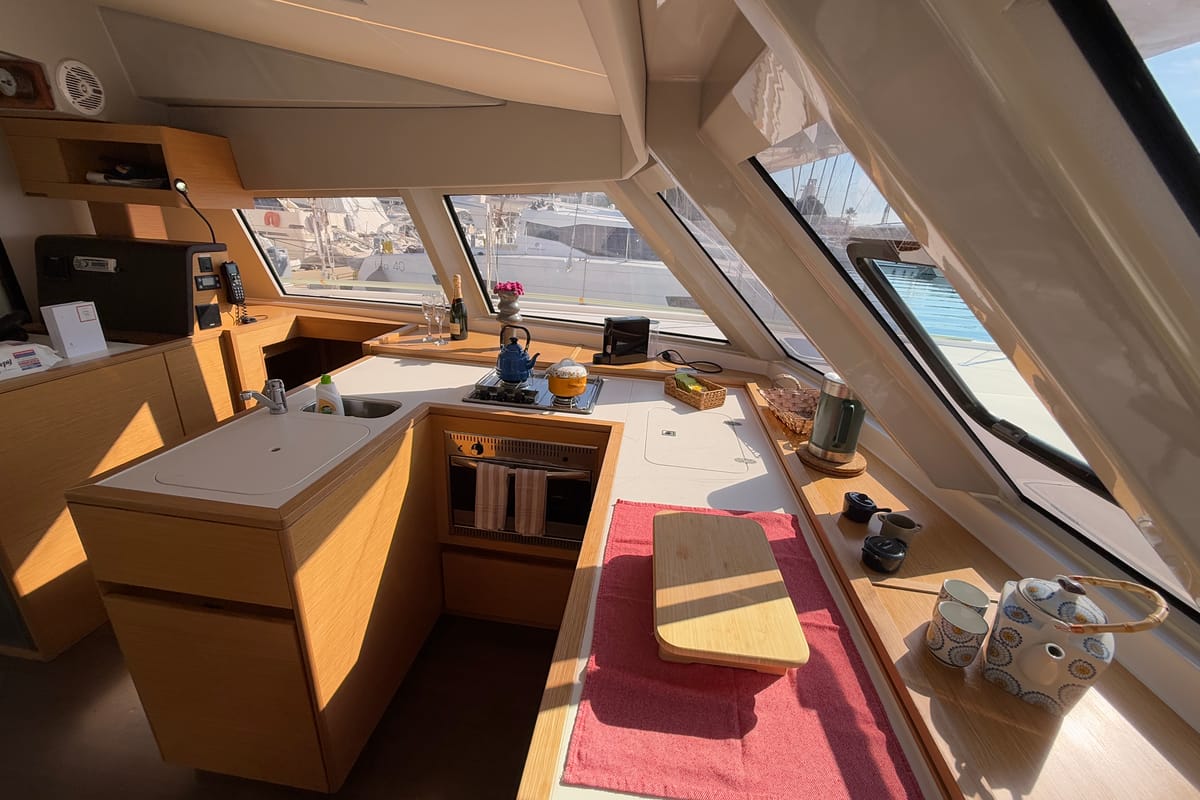 Galley of Daria 2, a Nautitech Rochefort Nautitech 46 Fly catamaran at Marmaris, Turkey