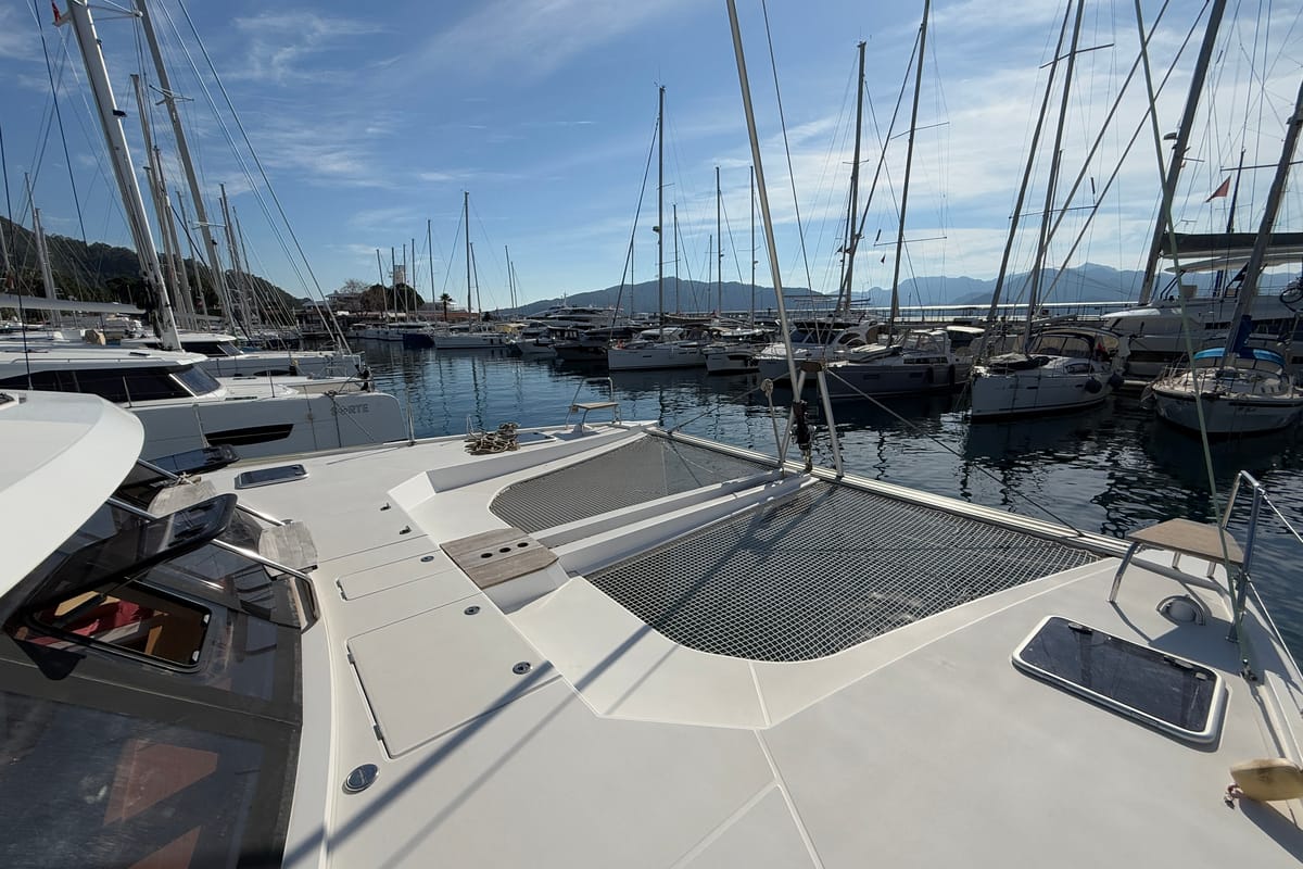 Deck of Daria 2, a Nautitech Rochefort Nautitech 46 Fly catamaran at Marmaris, Turkey