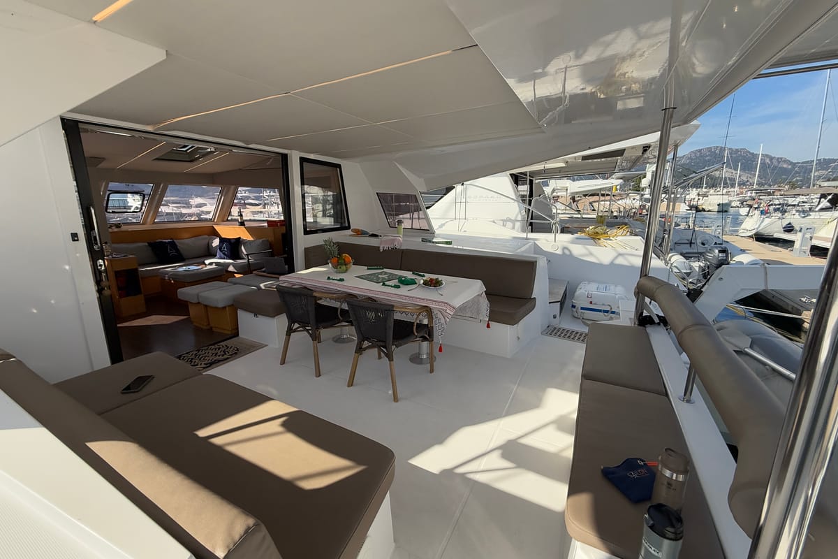 Deck of Daria 2, a Nautitech Rochefort Nautitech 46 Fly catamaran at Marmaris, Turkey