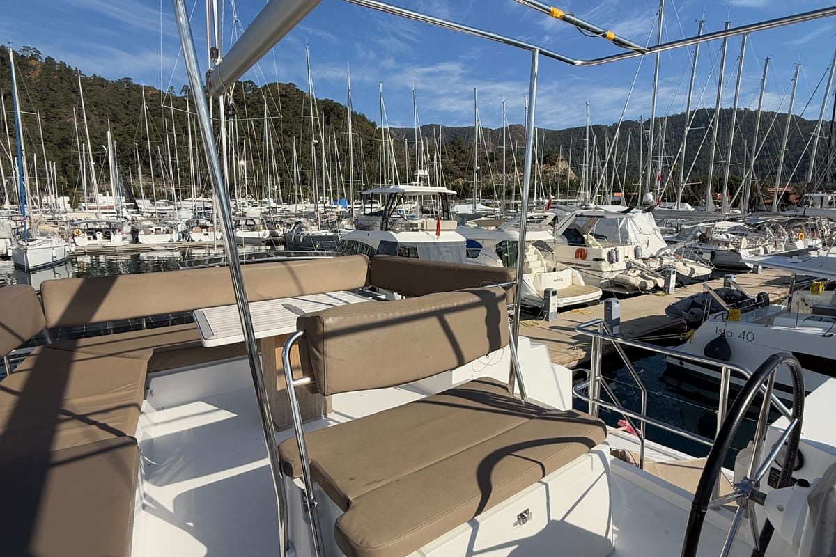 Cockpit of Daria 2, a Nautitech Rochefort Nautitech 46 Fly catamaran at Marmaris, Turkey