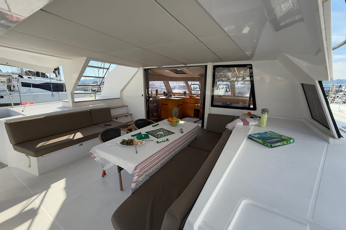 Deck of Daria 2, a Nautitech Rochefort Nautitech 46 Fly catamaran at Marmaris, Turkey