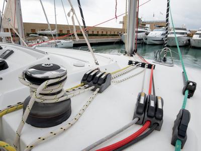 Deck of Enjala, a Lagoon 440 catamaran at San Vincenzo, Italy