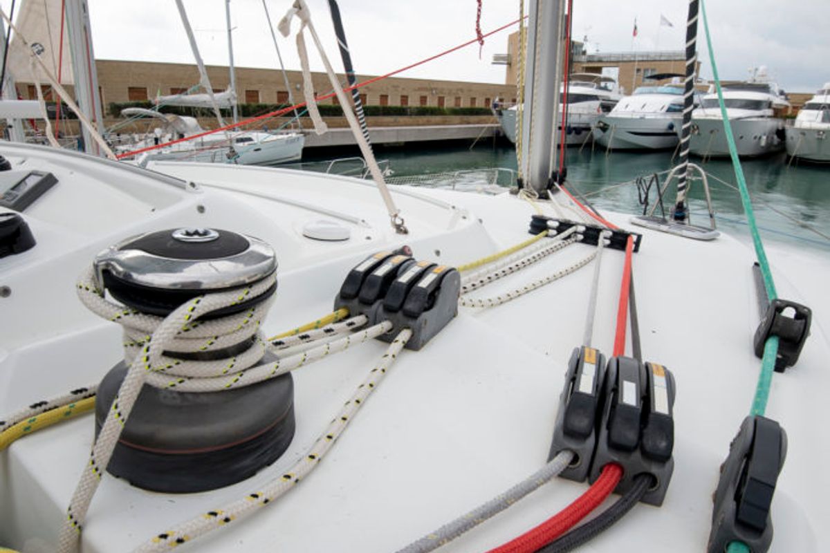 Deck of Enjala, a Lagoon 440 catamaran at San Vincenzo, Italy