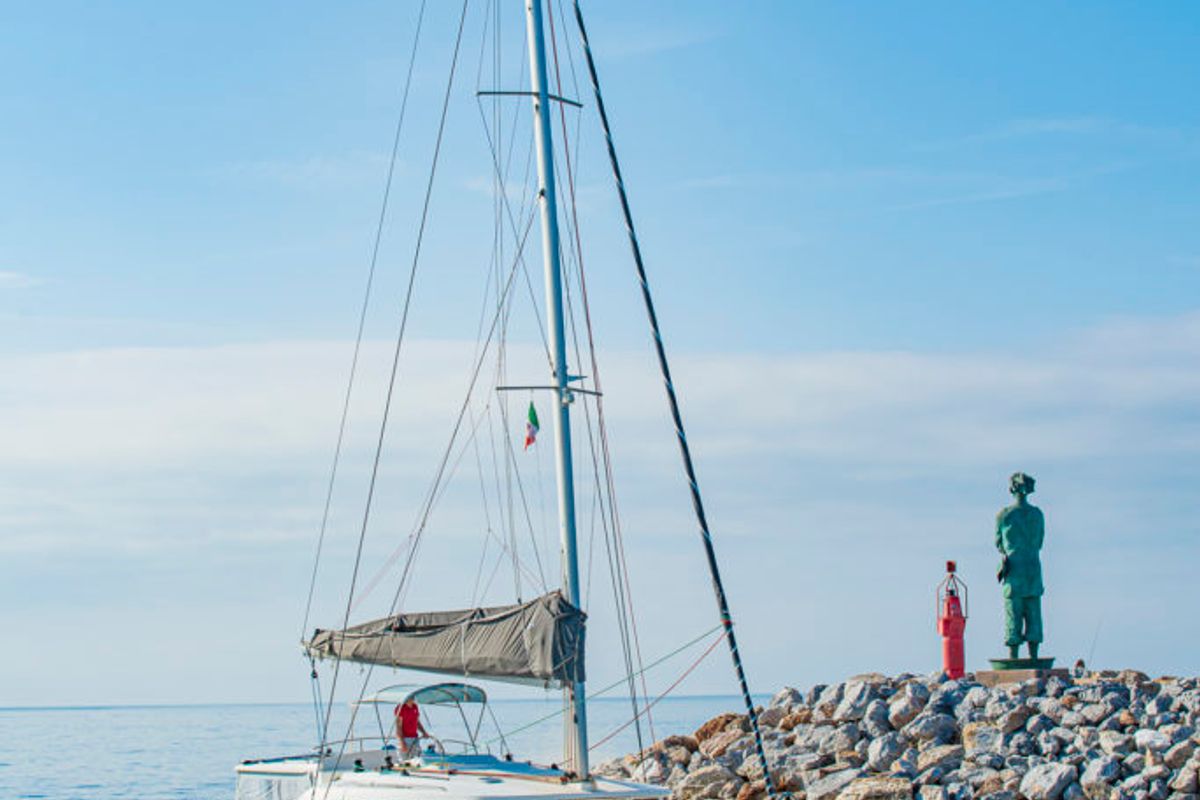 Exterior view of Enjala, a Lagoon 440 catamaran at San Vincenzo, Italy