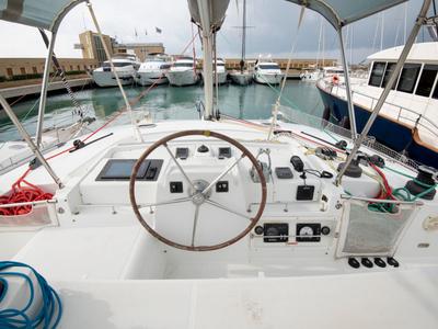 Cockpit of Enjala, a Lagoon 440 catamaran at San Vincenzo, Italy