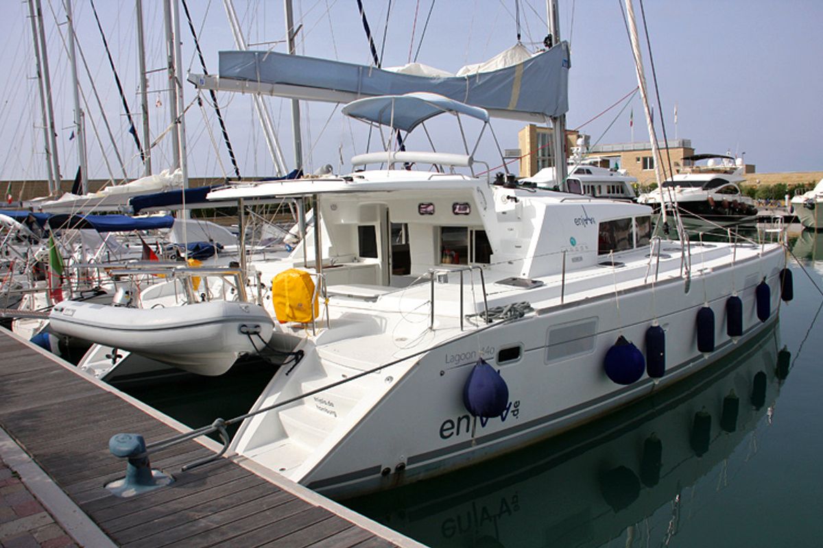 Exterior view of Enjala, a Lagoon 440 catamaran at San Vincenzo, Italy