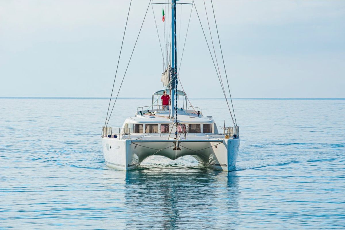 Exterior view of Enjala, a Lagoon 440 catamaran at San Vincenzo, Italy