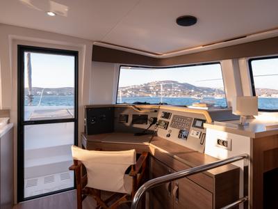 Cockpit of Maritina, a Bali 4.4 catamaran at Parikia, Greece