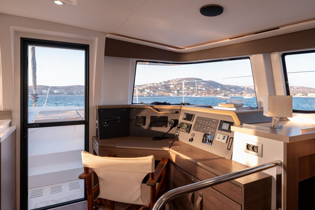 Cockpit of Maritina, a Bali 4.4 catamaran at Parikia, Greece