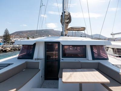 Deck of Maritina, a Bali 4.4 catamaran at Parikia, Greece