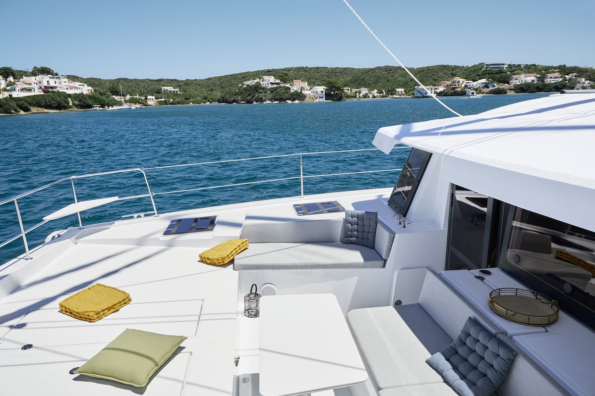 Deck of Maritina, a Bali 4.4 catamaran at Parikia, Greece