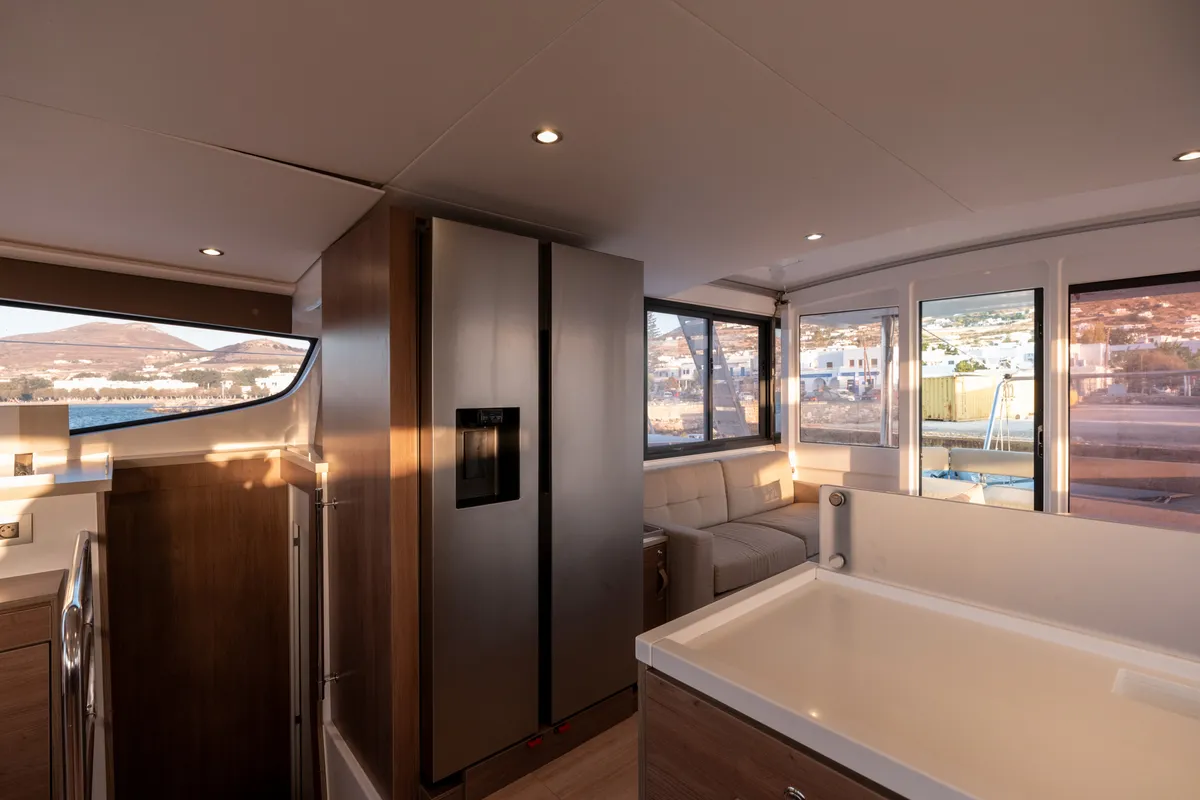Salon of Maritina, a Bali 4.4 catamaran at Parikia, Greece