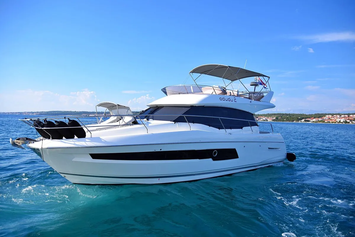 Exterior view of Adudu 2, a Jeanneau Prestige 460 Fly yacht at Dubrovnik, Croatia