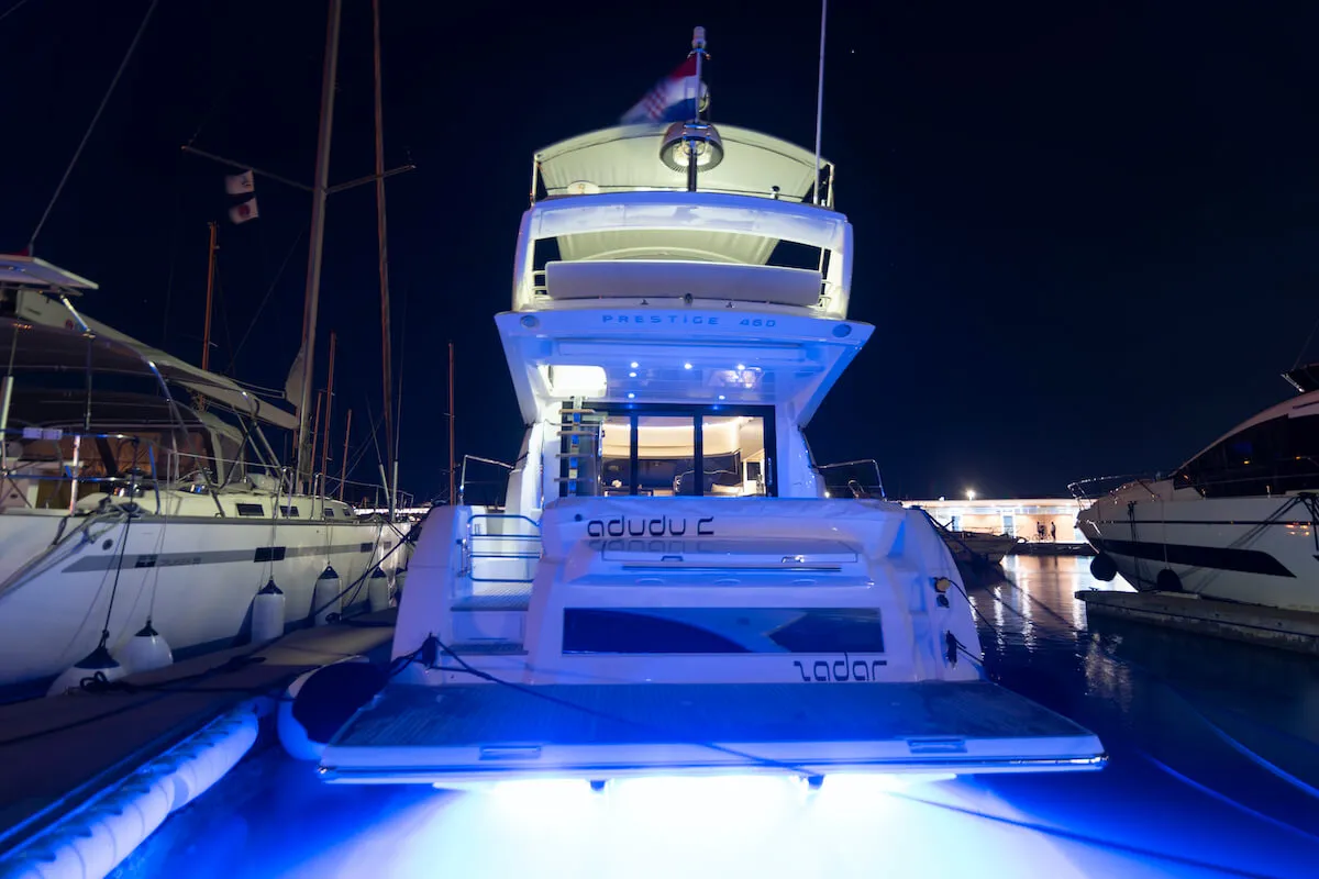 Exterior view of Adudu 2, a Jeanneau Prestige 460 Fly yacht at Dubrovnik, Croatia