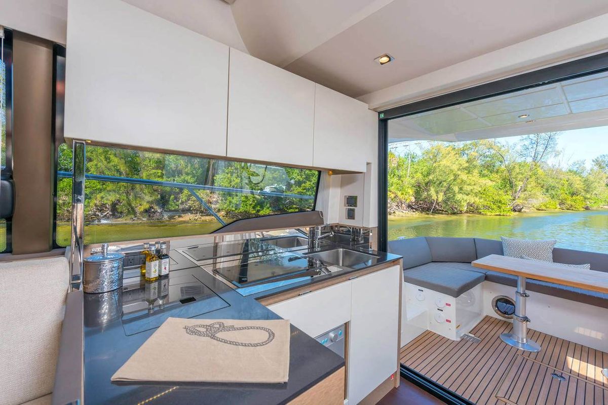 Galley of Adudu 2, a Jeanneau Prestige 460 Fly yacht at Dubrovnik, Croatia