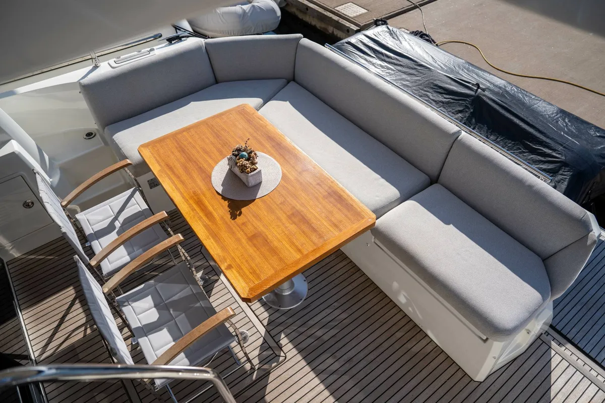 Deck of Adudu 2, a Jeanneau Prestige 460 Fly yacht at Dubrovnik, Croatia